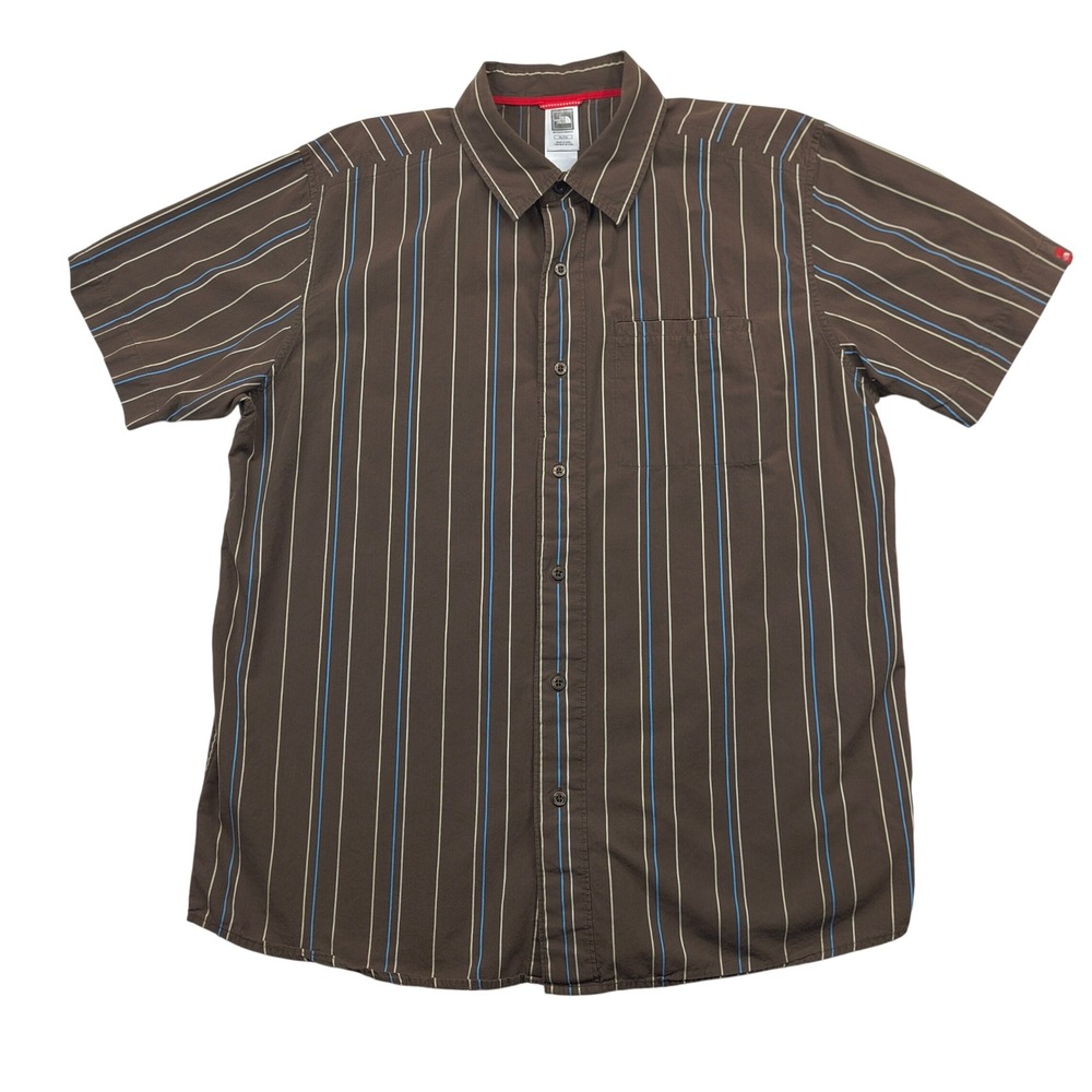 The North Face Tekware Mens XL Brown Blue Striped Short Sleeve Button Down Shirt